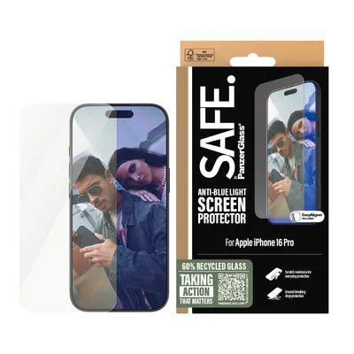 Obrázok produktu pre PanzerGlass SAFE. by ® Anti-Blue Light Screen Protector iPhone 16 Pro | Ultra-Wide Fit, Apple, Apple - iPhone 16 Pro, Suché aplikovanie, Odolné proti poškriabaniu, Odolný proti nárazom, Priehľadná, 1 kusov