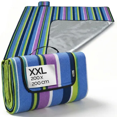 Produktbild von DETEX® Picknickdecke Campingdecke XXL 200x200 cm Wasserdicht Wärmeisoliert Waschbar Fleece Faltbar für 4-6 Personen Garten Stranddecke Streifen