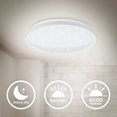 A white ceiling lamp with a starry sky effect is shown mounted on a white ceiling, with icons indicating features below.