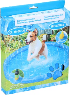 Produktbild von maxxpro Wasserspielmatte Hund - Ø100 CM - Hundebad und Kühlmatte - mit Sprinklern - passt zu fast jedem Gartenschlauch - PVC - Blau