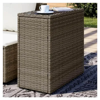 Produktbild von Beistelltisch für den Garten mit Glasplatte, Couchtisch für Terrasse und Balkon aus grauem Rattan