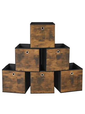 A pyramid arrangement of six fabric storage boxes with a vintage wood grain pattern.