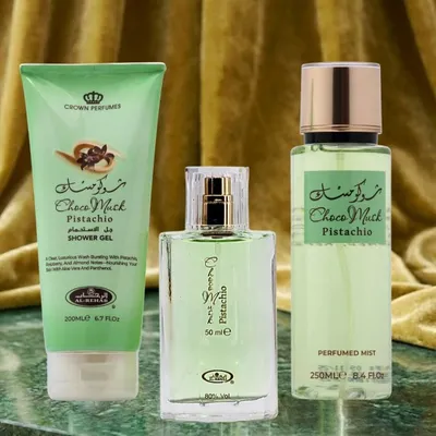 Produktbild von Al Rehab Choco Musk Pistachio 3-teiliges Duschgel 200 +Parfüm 50 ml +Körperspray 250 ml Geschenkset