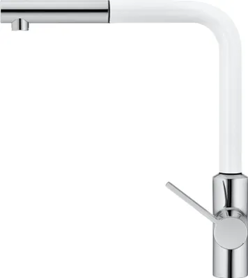 A studio shot of a kitchen faucet against a white background.