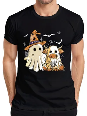 Obrázok produktu pre Halloween krava duch roztomilý kostým pavučina čarodejnica klobúk karikatúra pánske tričko, čierna, M