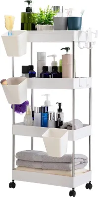 Produktbild von Famanu Küchenwagen 4-stufig mit Rädern und 3 hängenden Tassen - Weiß