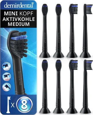 Produktbild von 8er demirdental Medium Mini Aufsteckbürsten mit Aktivkohle für Philips Sonicare | Schwarz