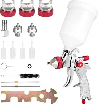 Produktbild von Lackierpistole Druckluft mit 1,4mm, 1,7mm, 2,0mm Düsen und 600ccm Becher, Farbsprühsystem mit Luftdruckregler, Spritzpistole, Lackierpistole für Autolacke