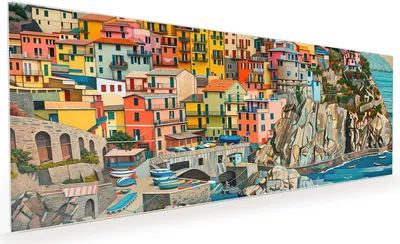 Produktbild von Küchenrückwand Spritzschutz Glas mit Motiv Bunte Küstenstadt 40 x 40 cm