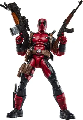 A full-body shot of a Deadpool action figure holding two guns.