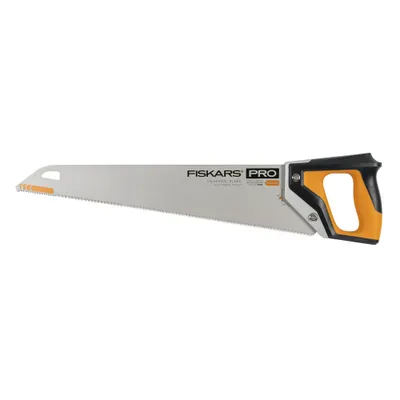 A Fiskars Pro handsaw is shown against a white background.