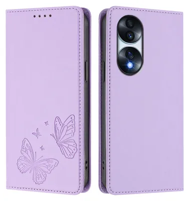 Obrázek produktu pro Kožené pouzdro pro Honor 70 Pro, motýlí ražbou, peněženkové flip pouzdro se stojánkem Světle fialová