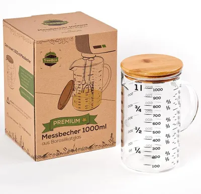 Glas-Messbecher 1 l mit Bambusdeckel, mikrowellengeeignet
