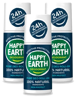 Immagine prodotto di 3 deodoranti roll-on "Happy Earth" per uomo, linea "Protect" - 100% naturali - 75 ml - confezione  - 3 pezzi
