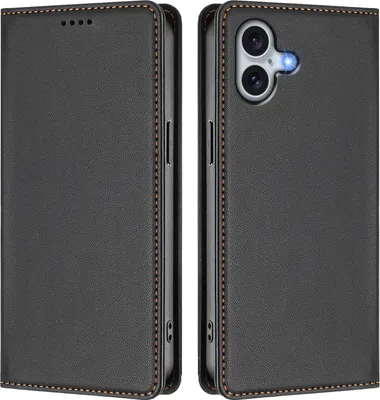 Image de Étui en cuir pour iPhone 16 Plus, étui à rabat magnétique en cuirPolyuréthaneavec support, noir