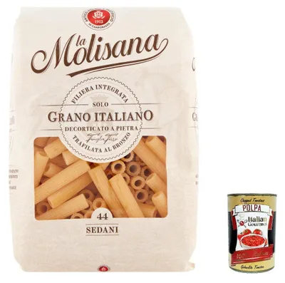 Produktbild von 5x La Molisana Sedani N. 44 Pasta Lenta Lavorazione Teigwaren aus Hartweizengrieß Bronze-Zeichnung 500g + Italian Gourmet Polpa 400g