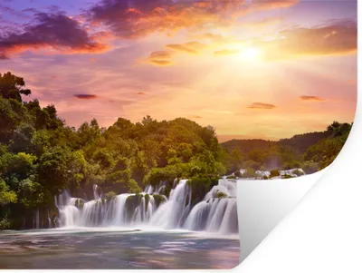Produktbild von MuchoWow® Wandtattoo Wandsticker Wandaufkleber Wasserfall - Landschaft - Sonne - Wolken - Sonnenuntergang 80x60 cm Selbstklebend und Repositionierbar - Faltenfrei