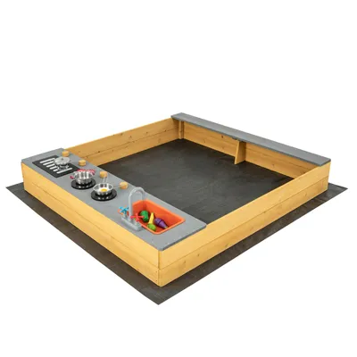 Produktbild von GOPLUS Kinder Sandkasten, Sandkiste mit Bodenliner & Bank, Kinderspielset mit 9 Küchenzubehör & Wasserhahn & Waschbecken, für Kinder im Alter von 3-8 Jahren, für Garten, Terrasse, Strand