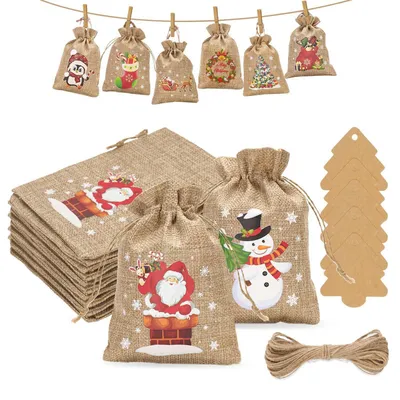 Produktbild von Adventskalender Jutesäckchen 24 Stück 10 x 15 cm mit Baum Anhänger