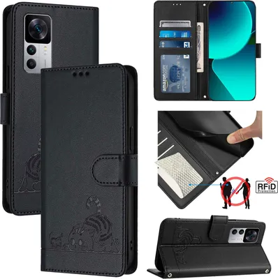 Produktbild von Leder Hülle für Xiaomi 12T / 12T Pro /Redmi K50 Ultra Süße Katze Flip Case Brieftasche Schutzhülle mit Standfunktion Schwarz