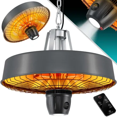 Produktbild von KESSER® Deckenheizstrahler Heizpilz Infrarot-Heizstrahler 2500W Terrassenstrahler mit Fernbedienung Quarzstrahler | LED Licht | Decke | Infrarotstrahler | mit Kette + Karabinerhaken Carbon-Heizelement