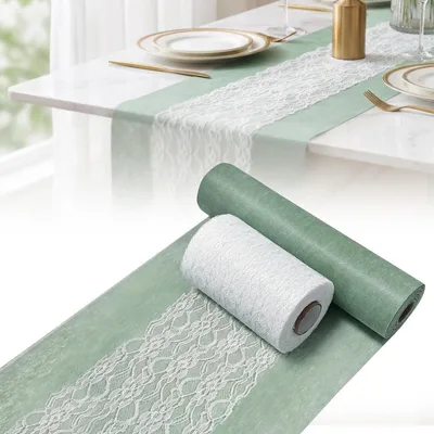 Produktbild von Tischläufer Set Eukalyptus Grün Weiß Vlies mit Spitzenband 30x2500cm & 15x2000cm