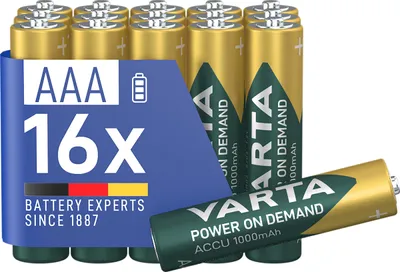 Produktbild von VARTA Batterien AAA, wiederaufladbar, 16 Stück, Akku, Power on Demand, 1000 mAh Ni-MH, vorgeladen, sofort einsatzbereit [Exklusiv bei Amazon] – AAA, 1000 mAh