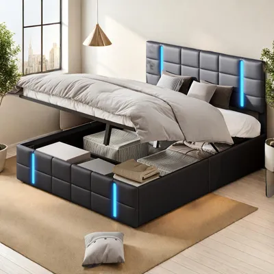 A modern bed with storage, featuring LED lighting and open storage compartments.