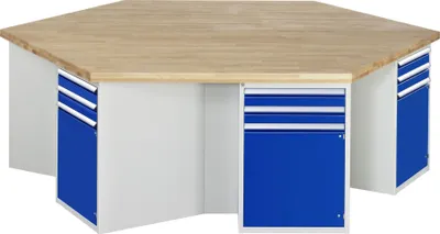 Produktbild von Gruppenarbeitsplätze, Gruppenwerkbank, Bucheplatte 40 mm, Höhe 840 mm, ohne Energieaufsatz, inkl. Unterbau-Container, 2 Schubladen, 1 Tür, 1 Boden