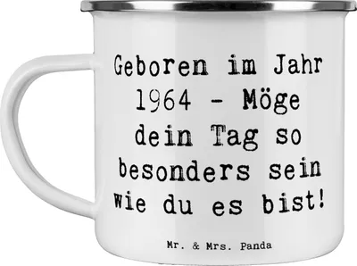 Produktbild von Mr. & Mrs. Panda Teetasse Spruch 1964 Geburtstag - Weiß - Geschenk, Happy Birthday, Geburtsjahr, Liebevolle Gratulation, Pott, Emaille Tasse, Geburtstagsgeschenk, Alter