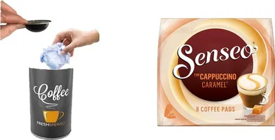 Produktbild von Senseo® Kaffeepad, CAPPUCCINO CARAMEL, harmonisch, koffeinhaltig  +Tisch Abfallbehälter ohne Deckel mit Ø 8,5 x 9 cm, 0.5 Liter Tischreste-Mülleimer