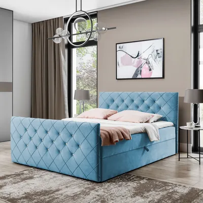 Obrázek produktu pro Postel s pružinovou skříní dvoulůžko MONAKO - 180x200 cm postel s matrací Bonell, s postelovým boxem na ložní prádlo a topperem. Čalouněné čelo a čelo nohou zdobené elegantním prošíváním (světle modrá)
