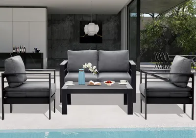 Produktbild von MeXo Gartenmöbelset, Loungeset Aluminium für 3-4 Personen mit Kissen und Couchtisch Indoor Outdoor Balkon grau (Sitzgruppe, Aluminiumrahmen)