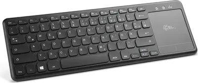 A black wireless keyboard with an integrated touchpad is shown from a slightly elevated diagonal angle against a white background.