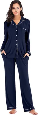 Produktbild von ASKSA Damen Pyjama Lang Weich Schlafanzug mit Knopfleiste Langarm Zweiteiliger Sleepwear Hausanzug, Dunkelblau, XL