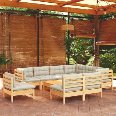 Produktbild von Möbel 10-tlg. Garten-Lounge-Set mit Creme Kissen Massivholz Kiefer - Gartenmöbelgarnituren 3096749