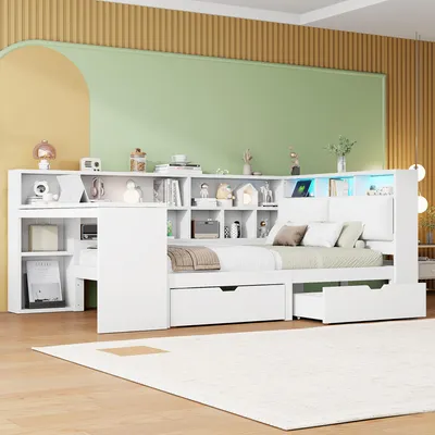 Immagine prodotto di Letto in legno 140x200 cm, letto a piattaforma a forma di L con scrivania, libreria, LED e spazio contenitore, testiera imbottita, cassetti, Bianco