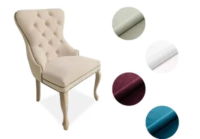 Produktbild von Chesterfield Stuhl MADAME 2 – eleganter Polsterstuhl im Glamour-Stil, Samt Beige, Holzbeine in hellem Rustikal-Finish, Komfortsitz mit Wellenfedern