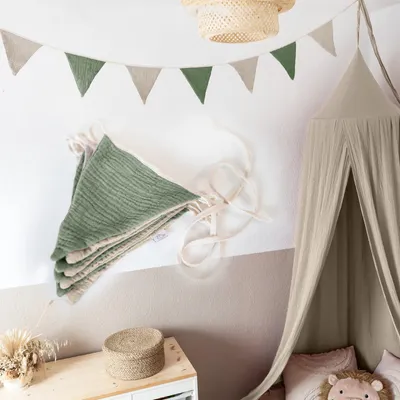 Produktbild von Wimpelkette Blau & Hellbeige ohne Goldapplikation - Stoff-Girlande 3 m