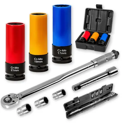Produktbild von WALTER Drehmomentschlüssel-Set mit Schoneinsätze 10tlg. | 1/2" (12,5mm) 6 Stecknüsse/Schoneinsätze für Alufelgen - für Auto Motorrad SUV Van | Schlagschrauber-Nüsse Set