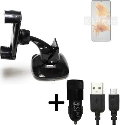 Produktbild von K-S-Trade Halterung kompatibel mit Huawei Mate 50 Windschutzscheibe / Armaturenbrett + LADEGERÄT mit Mico USB Kabel Autohalterung KFZ Halter