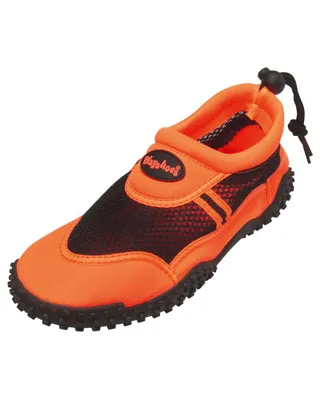 A single orange water shoe with black mesh and black sole, shown from a diagonal angle against a white background.