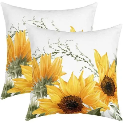 Productafbeelding van Kussensloop met zonnebloemprint, bloemendessin, 50x50 cm, set van 2, geel en wit, decoratieve kussens, polyester