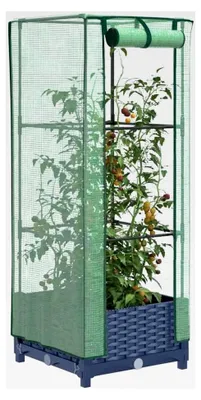 Produktbild von Hochbeet mit Gewächshausaufsatz in Rattan-Optik 40x40x123 cm