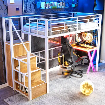 Produktbild von Hochbett mit Schreibtisch, Kleiderschrank, Regalen, LED-Licht und Ablageleiter, 90x200cm, Weiß
