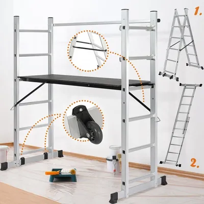 Obrázok produktu pre Lešenie Timbertech® - 4 v 1, protišmykové, nastaviteľné, s kolieskami, do 150 kg, skladacie - pojazdné lešenie, pracovná plošina, viacúčelový rebrík, hliníkový rebrík