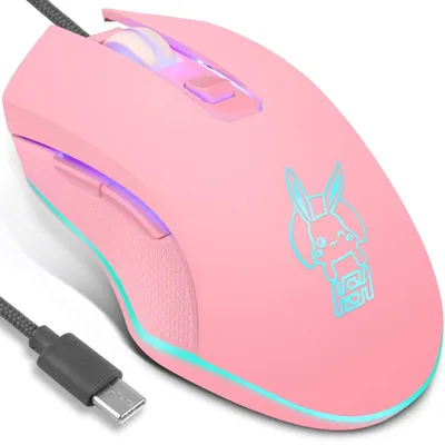 Zdjęcie produktu dla Przewodowa mysz gamingowa USB-C, cicha, 7 kolorów podświetlenia, optyczna, typu C, z rozdzielczością 2400 DPI i 6 przyciskami, przeznaczona do komputerów PC, kolor różowy