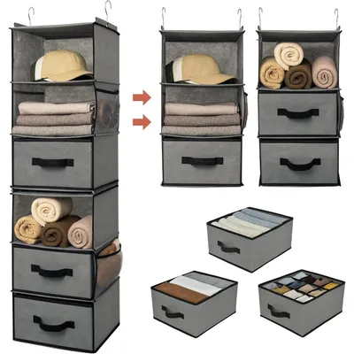 Productafbeelding van Hangorganizer voor kast, stof, grijs, met 3 lades en 4 zijvakken, deelbaar, 120 cm