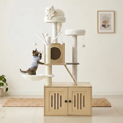 Zdjęcie produktu dla Kocí domek FCH Katzenbaum, wysokość 135 cm, z legowiskiem, drapakiem, piłeczkami, w jasnobrązowym kolorze