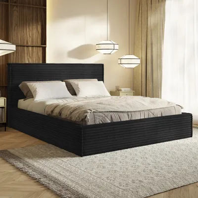Produktbild von MOTIVENA Boho Polsterbett 120x200 mit Bettkasten, Holz Latttenrost, Bett 120x200 Schwarz Cord (Tilia 100)